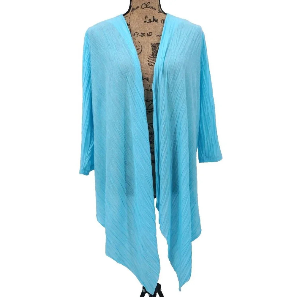 Chico's Cardigan Womens M Blue Long Open Drape Lightweight Travel Vacation Beach
